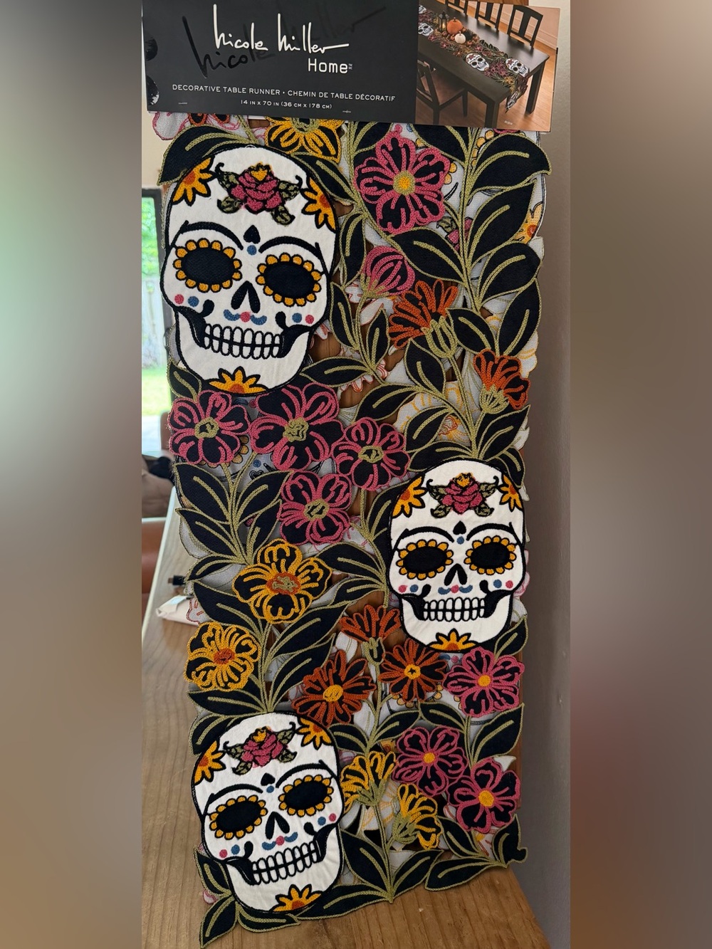 Nicole Miller Embroidered Sugar Skull Floral Table Runner 14”x70” NWT